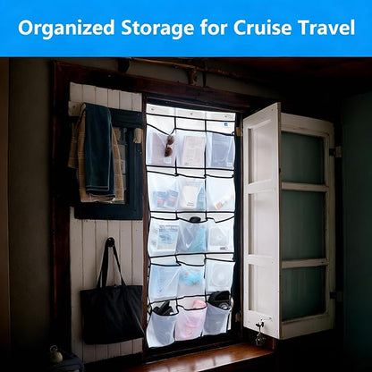 Cruise Magnetic Door Organizer with Hooks, Over the Door Organizer for Cruise Ship Cabins, 15 Mesh Pockets, Magnetic Shoe Organizer, White, 60 x 24 in