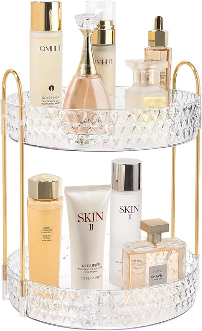 Rotating Makeup Organizer for Vanity, 2 Tier Perfume Skincare Storage for Women, Bathroom Counter Organizer, 360° Spinning Cosmetic Holder for Dresser Countertop, Clear