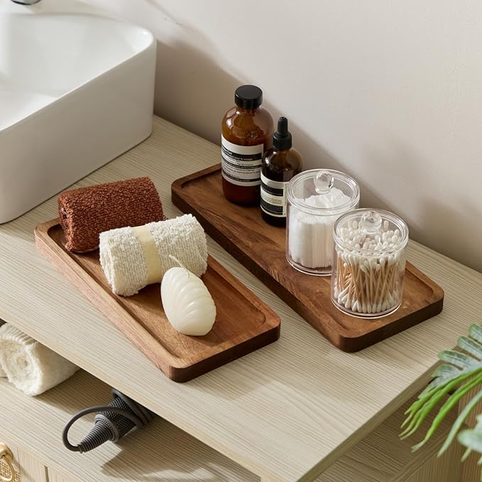 Bathroom Vanity Tray, Acacia Wood Counter Tray, Toilet Tank Tray, Appetizer Charcuterie Snack Serving Board, 13.8 x 5.5 x 0.8 inch