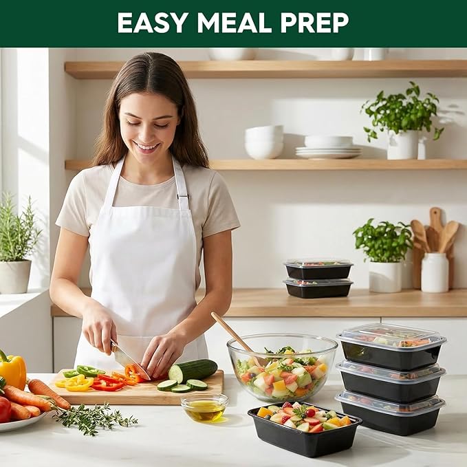 Glotoch Meal Prep Containers 32oz 50 Pack(100 Piece) with Lids, 1-compartment Plastic food storage containers Reusable, Bento boxes for portion control & takeout, Microwave/freezer/dishwasher safe