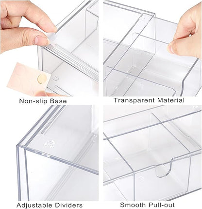 Hipiwe 2-Tier Acrylic Storage Drawer Stackable Box Hair Accessories Organizer Clear Desktop Organizer with Removable Dividers for Vanity Bathroom