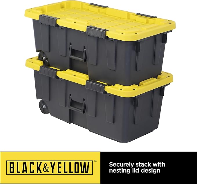 CX BLACK & YELLOW, 20-Gallon Heavy Duty Tough Storage Footlocker & Snap-Tight Lid, (13.4H x 18.2W x 32.3D), Weather-Resistant Design and Stackable Organization Tote [2 Pack]