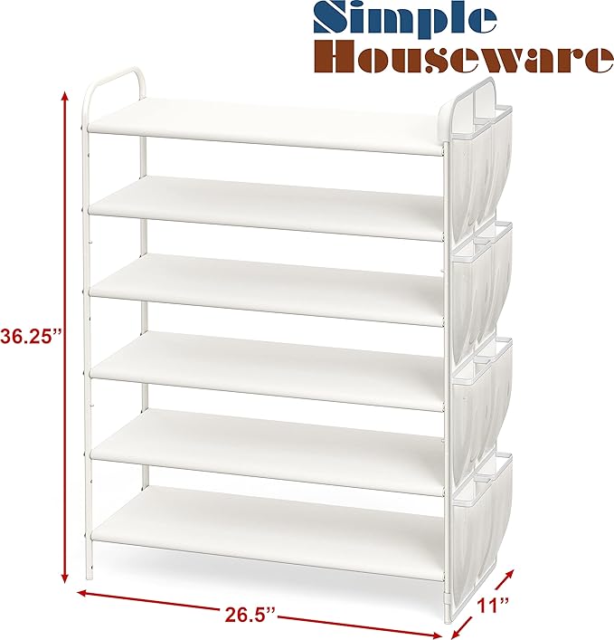 Simple Houseware 6-Tier Shoe Rack Storage Organizer w/Side Hanging Bag, White