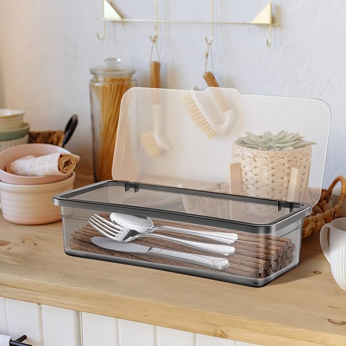 Cabilock Silverware Organizer with Lid Covered Silverware Tray for Drawer and Countertop,Uensil Drawer Organizer Flatware Storage Box for Chopsticks Spoons Forks Knives Holder