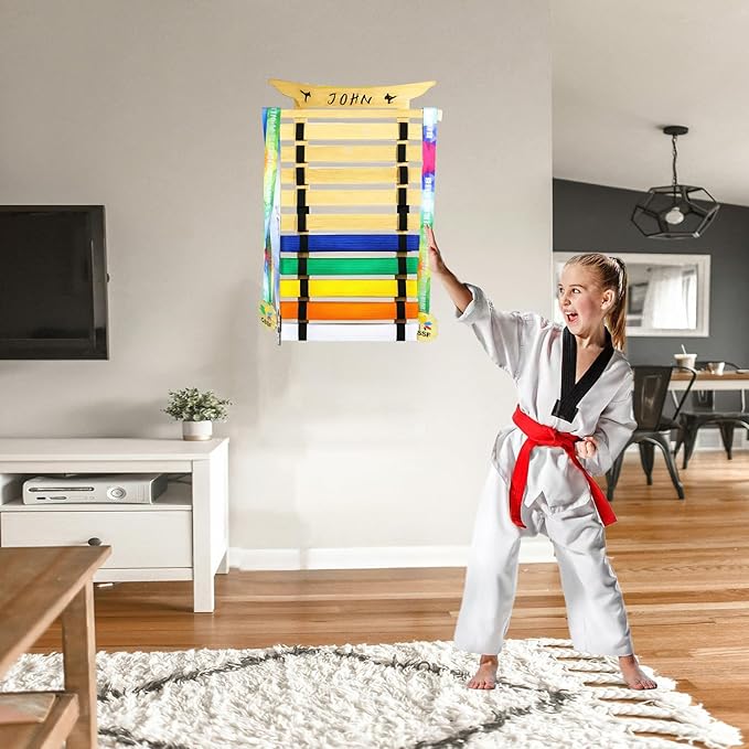 10Belts Taekwondo Belt Display, Rack with Stickers, Martial Arts Belt Display Holder, Karate Belt Jiu Jitsu Belt BJJ Belt Display Hanging Holder for Kids and Adults Gifts