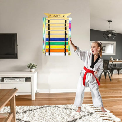 10Belts Taekwondo Belt Display, Rack with Stickers, Martial Arts Belt Display Holder, Karate Belt Jiu Jitsu Belt BJJ Belt Display Hanging Holder for Kids and Adults Gifts