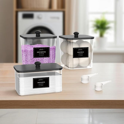 COAZEX 2+1 Pack Clear Laundry Pods Container & Dryer Sheet Holder, Plastic Square Laundry Room Organization and Storage Jars with Black Lids, Scoops & Labels for Detergent, Powder, Dryer Balls
