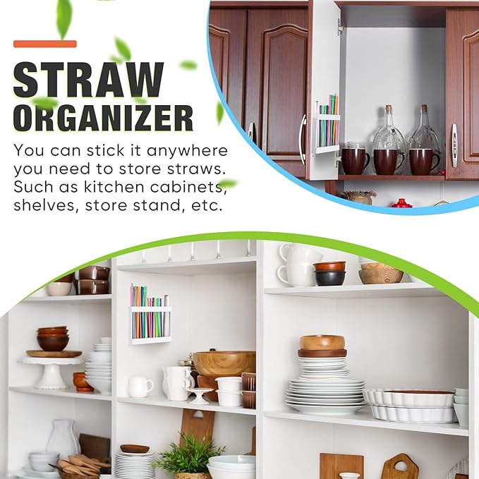 Qinyoung Wooden Straw Holder for Cabinet Door with Double Sided Adhesive Tape Tumbler Straw Organizer for Cupboard Reusable Tumbler Storage Container for Kitchen Counter(White)