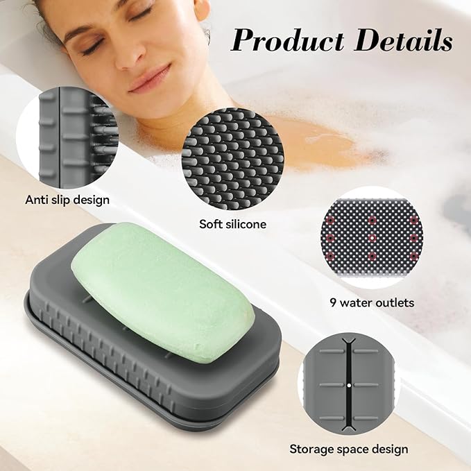 2-in-1 Silicone Soap Holder & Brush Set with Built-in Soap Saver Compartment, Includes a Leak-Proof soap Tray+Brush, Unbreakable&Noise-Free, Soap Dish with Soft Brush, Brush with Soap Dish(Dark Grey)