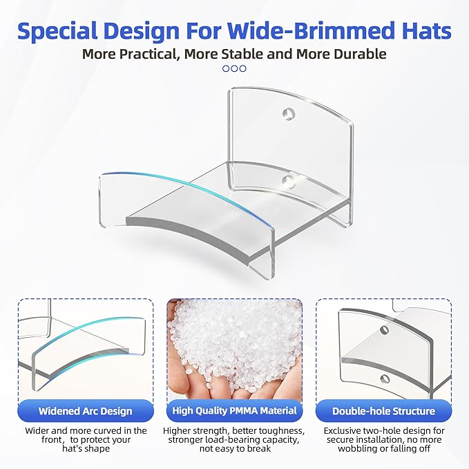 Cowboy Hat Rack(12Pack) - Wide Brimmed Organizer - Strong Adhesive Cowboy Holder - 2.2Inch Hooks for Walls - 2 Mounting Option Holder - Hangers for Doors and Closets - Clear