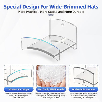 Cowboy Hat Rack(12Pack) - Wide Brimmed Organizer - Strong Adhesive Cowboy Holder - 2.2Inch Hooks for Walls - 2 Mounting Option Holder - Hangers for Doors and Closets - Clear