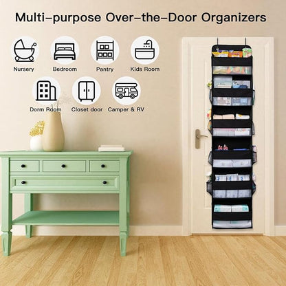 WishJazz Premium Over The Door Organizer 6 Large Pockets, 150D Extra Thick,50 lbs Hanging Organizer Storage, Behind Door Closet Organizer and Storage for Nursery, Bedroom, Bathroom, Black
