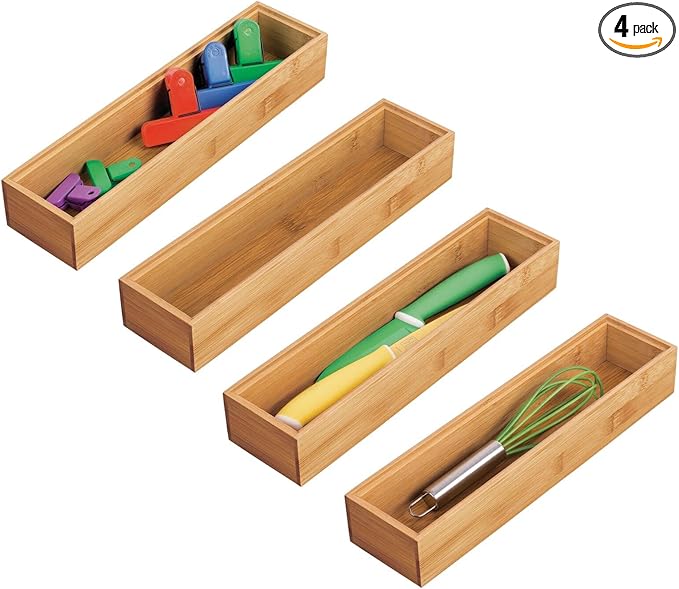 mDesign Drawer Organiser – Rectangular Bamboo Kitchen Drawer Divider – Stackable Drawer Separator for Cutlery and Kitchen Utensils – Set of 4 – Natural
