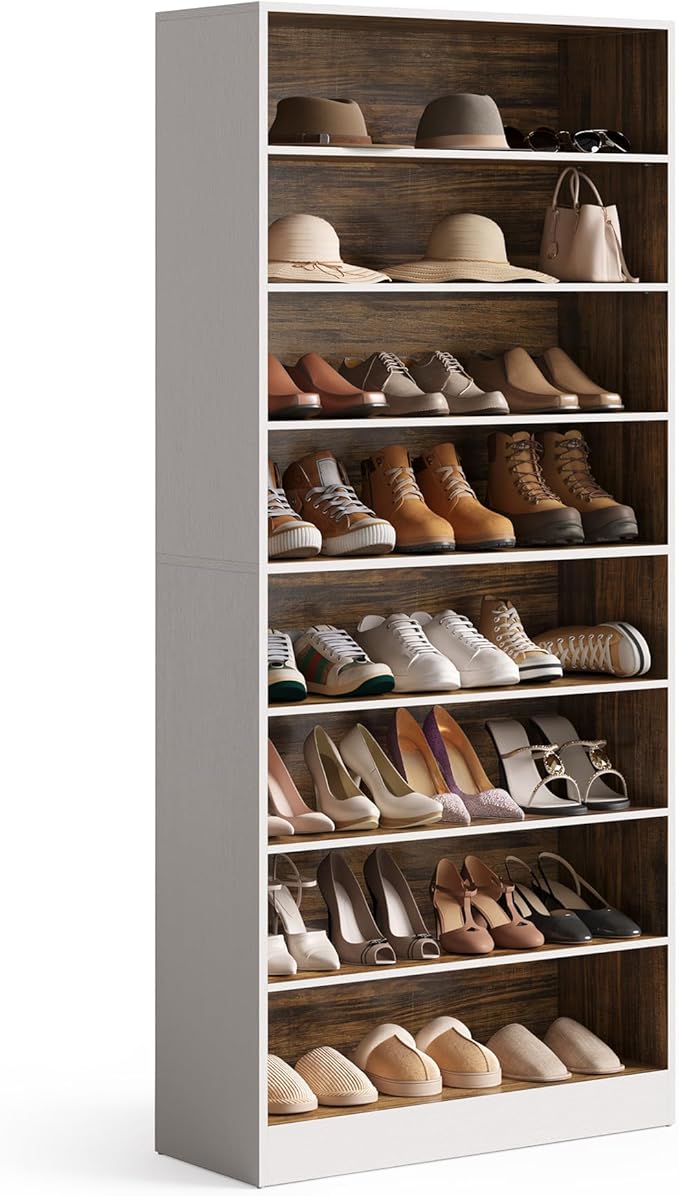 LITTLE TREE 9-Tier Shoe Cabinet, 32 Pairs Wooden Shoes Cabinet with Adjustable Shelves, 70.9" Tall Shoe Cabinet, Freestanding Modern Shoe Rack Organizer For Living Room Bedroom Entryway, Brown & White