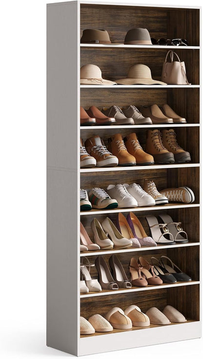 LITTLE TREE 9-Tier Shoe Cabinet, 32 Pairs Wooden Shoes Cabinet with Adjustable Shelves, 70.9" Tall Shoe Cabinet, Freestanding Modern Shoe Rack Organizer For Living Room Bedroom Entryway, Brown & White