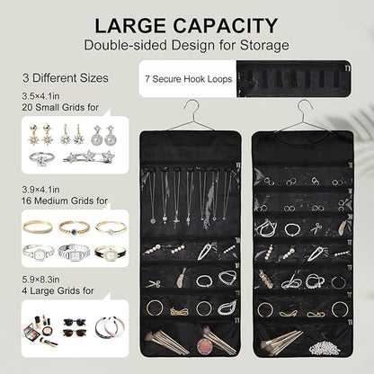 Hanging Jewelry Organizer Storage Roll 41 Pockets and 7 Necklace Hooks with Detachable Hanger Double-Sided Foldable, Travel Jewelry Holder for Earrings, Rings, Bracelets, Hanging on Closet, Wall, Door