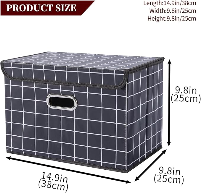 STOREONE Fabric Storage Cube Bins Foldable Organizer Container Collapsible Basket with Lids and Metal Handles, for Home, Bedroom, Closet 3 Pcs (Black grid)