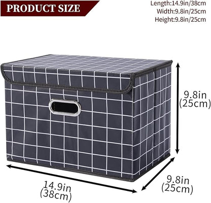 STOREONE Fabric Storage Cube Bins Foldable Organizer Container Collapsible Basket with Lids and Metal Handles, for Home, Bedroom, Closet 3 Pcs (Black grid)