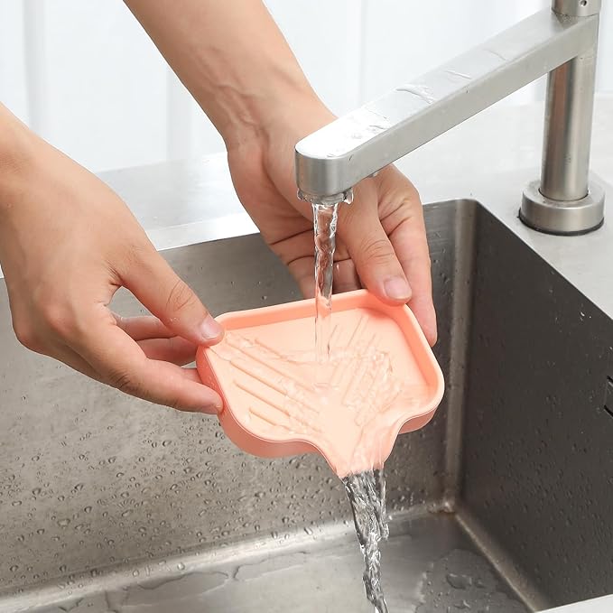 MicoYang Silicone Bathroom Soap Dishes with Drain Spout-Bathroom and Kitchen Sink Organizer,Sponge Holder,Dish Soap Tray,Perfect for Dispenser,Scrubber,Bottle,Cup on Sink or Counter-Pink 4.9"×3.2"