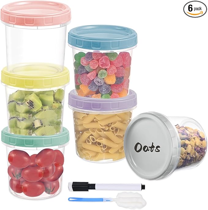 Yomarket 6pcs 16 oz Plastic Deli Containers with Screw Lids, Small Freezer Containers Reusable 2 Cup Food Storage Container with Pen & Brush for Snack Salad Fruit, Microwave & Dishwasher Safe BPA Free