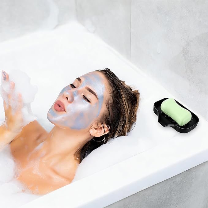 Sponge Holder with Drain Spout, Silicone Soap Dish for Bathroom & Kitchen, Rubber Shower Soap Holder, Easy to Clean, Quick Drying(Black, 4.92" x 3.9")