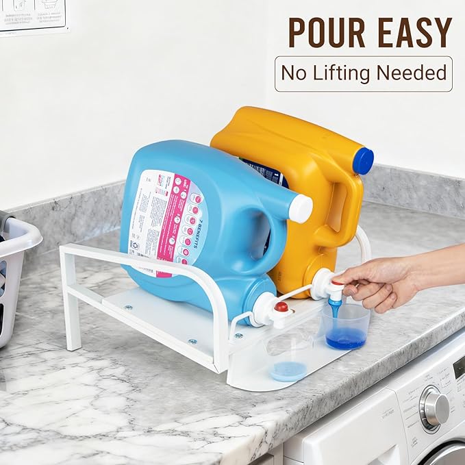 PUERSI Laundry Detergent Holder Stand with Drip Tray, Laundry Soap Holder Liquid Detergent Riser Organizer for Laundry Room, White