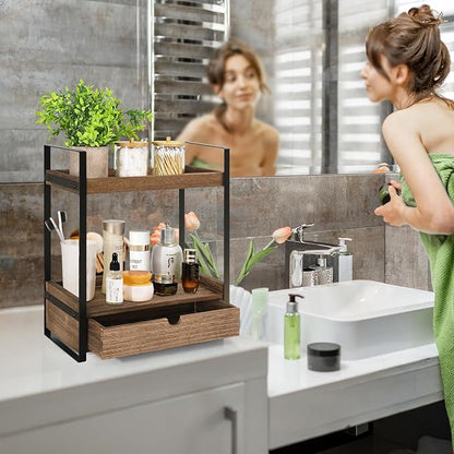 2-Tier Bathroom Organizer Countertop with Drawer, Wood Counter Shelf for Storage, Vanity Tray for Organization and Decor, Countertop Organizer for Bathroom, Kitchen, Office (Dark Brown)