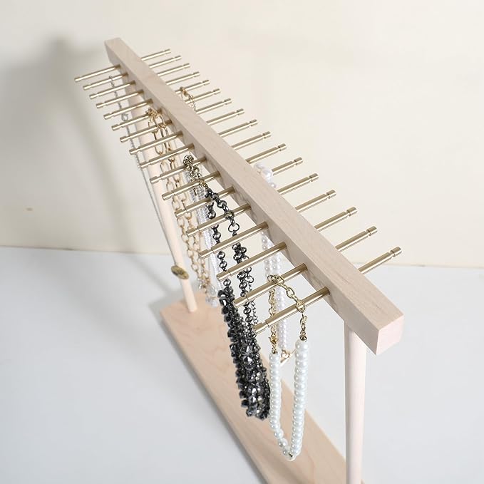 Large necklace hanger shelf with 17 copper bars, Wooden jewelry storage organizer rack for hanger necklace bracelet, necklace display stand for boutique store【Marple】