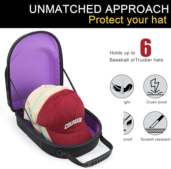 GERMUN Hard baseball hat case, Hat Carrier Travel Case with Adjustable Shoulder Strap, Hat cap case for 6 Baseball Caps - Perfect for Traveling & At-Home Storage (Black with Purple)