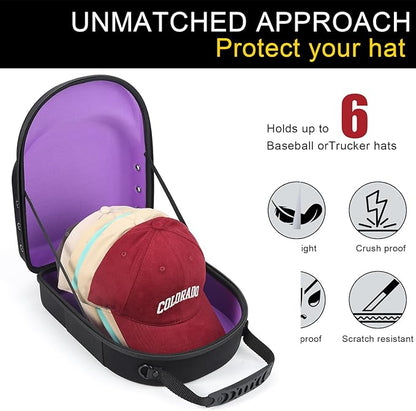 GERMUN Hard baseball hat case, Hat Carrier Travel Case with Adjustable Shoulder Strap, Hat cap case for 6 Baseball Caps - Perfect for Traveling & At-Home Storage (Black with Purple)