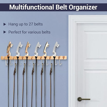 Belt Hanger Organizer for Closet: Ohuhu 2 in 1 Wall Mount Hanger 14 Slots+13 Hooks Storage Wooden Belt Organization 360 Degree Rotating Belt Display Holder for Belt Tie Scarf Accessories