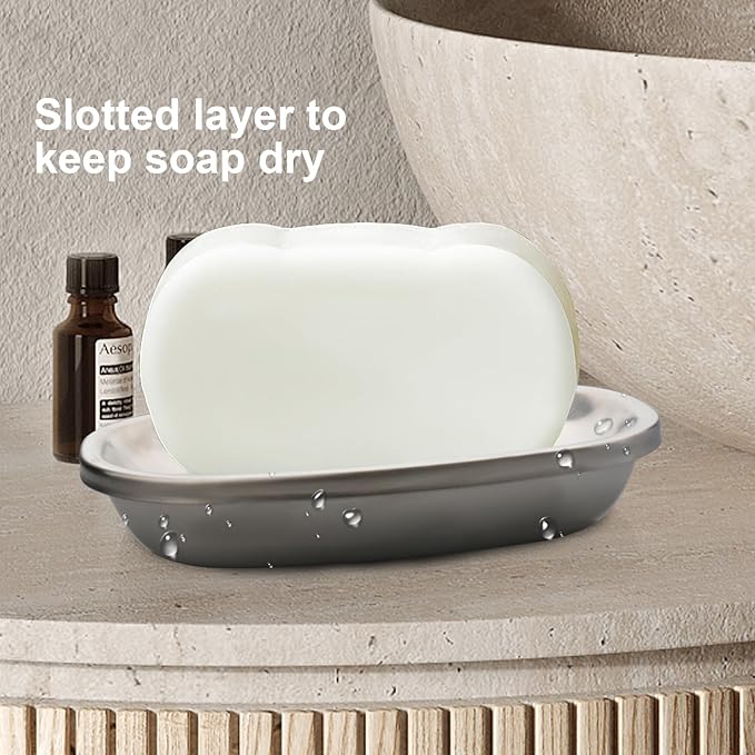 Stainless Steel Soap Dish with Double Layer Draining for Bathroom, Chrome Brushed Nickel Soap Box with Drainage, Shower Countertop Tray (Dots)