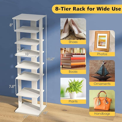 Giantex 8-Tier Vertical Shoe Rack, Patented Corner Shoe Storage Organizer for 8 Pairs, Freestanding Narrow Shoe Rack, Morden Space-Saving Shoe Tower for Entryway, Living Room, Bedroom (White, Single)
