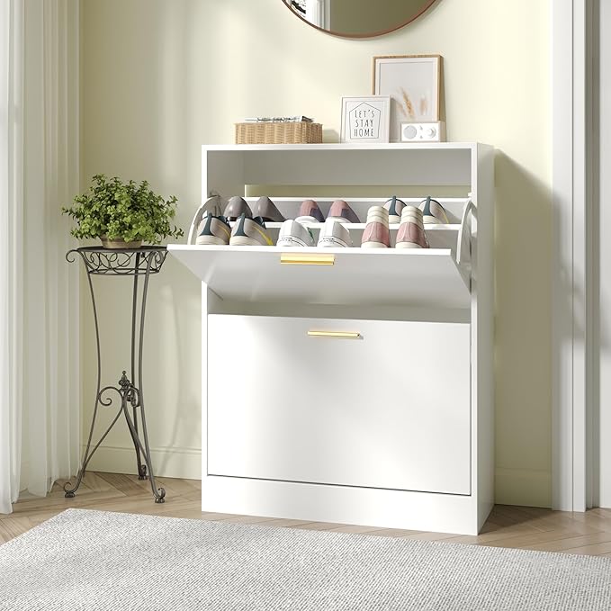 JOZZBY Shoe Cabinet Storage for Entryway, Freestanding Narrow Slim Shoe Organizer Cabinet with 2 Flip Drawers, Wooden Shoe Rack for Hallway, Living Room, White