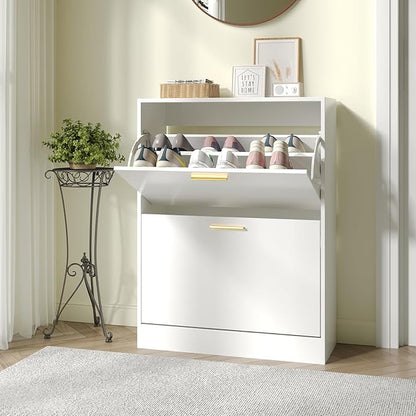 JOZZBY Shoe Cabinet Storage for Entryway, Freestanding Narrow Slim Shoe Organizer Cabinet with 2 Flip Drawers, Wooden Shoe Rack for Hallway, Living Room, White