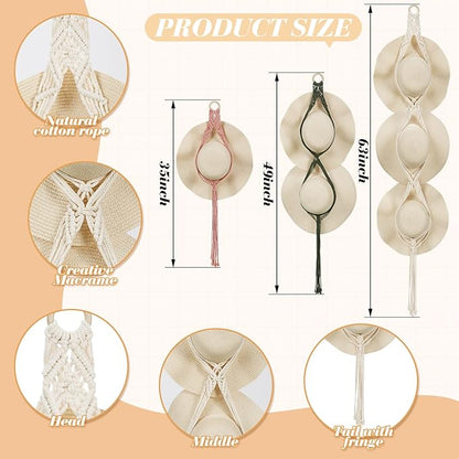 Maitys 5 Pcs Macrame Hat Hangers for Wall Cowboy Hat Holders Boho Wall Mount Hanging Rack Display Hand Weaving for Home Storage Western Decoration, 3 Sizes and Colors