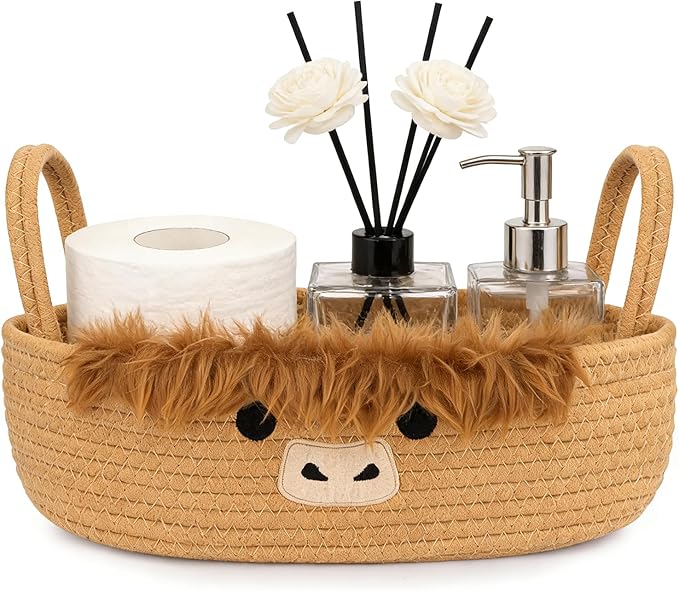 Toilet Highland Cute Cow Paper Basket–Oval Woven Bathroom Organizer Toilet Tank Storage Basket, Decorative Shelves Rope Cotton Bin with Handles, Wedding Empty Towel Paper Holder,13"D x 7.48"H