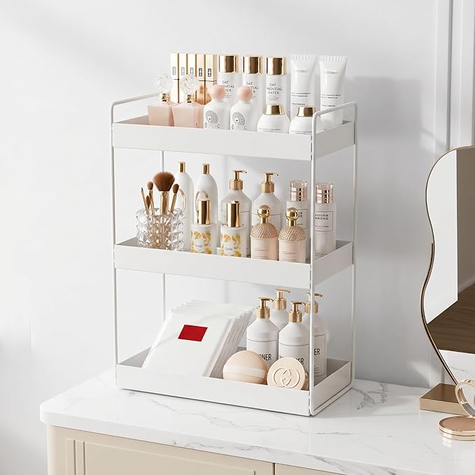 Elsjoy 3-Tier Bathroom Countertop Organizer, White Vanity Tray for Cosmetic & Makeup, Metal Organizer Shelf Counter Storage Rack for Kitchen, Bathroom Toiletries