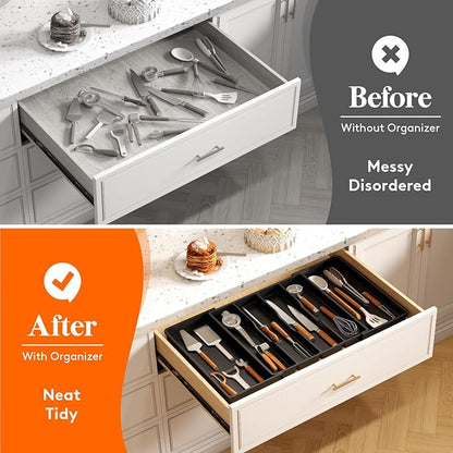 Lifewit Utensil Organizer for Kitchen Drawers, Expandable Cooking Utensil Tray, Adjustable Cutlery Silverware Flatware Holder, Plastic Spatula Tools Storage Divider, 18- 30 x 18.5", Black