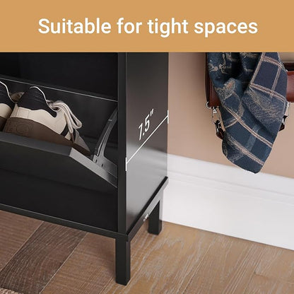 Haotian Ultra Thin Shoe Cabinet with 4 Flip-Drawers, Narrow Shoe Rack, Slim Shoe Storage Organiazer Entryway, Black, FSR100-W, 7.5" D x 39.4" W x 35.6" H