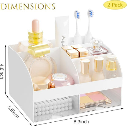 Makeup Organizer with 2 Drawers, Cosmetic Storage for Dresser Vanity and Bathroom Countertop,Make up organization and Skincare Storage with Beauty Brush Holder, Cosmetic Display Case 2Pcs White