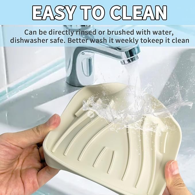 2 Pack Silicone Soap Dish with Drain, Self Draining Bar Soap Holder for Shower, Silicone Dish Soap Tray, Bathroom and Kitchen Sink Organizer, Beige