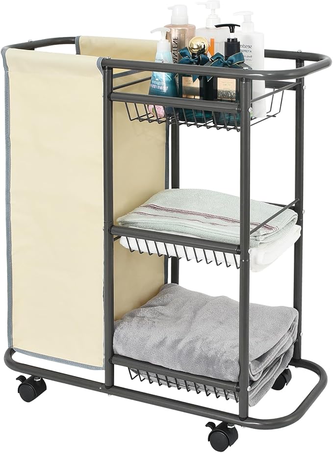 Rolling Laundry Basket with 3 Storage Baskets and 45 L Bag, Heavy Duty Laundry Cart with Wheels and Handle, Space Saving Laundry Room Organization for Bathroom Living Room Apartment Dorm