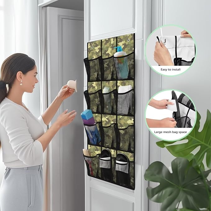 Over the Door Shoe Organizer 12 Large Pockets Green Camouflage Hanging Shoe Organizer for Closet Sturdy Oxford Fabric Door Shoe Organizer
