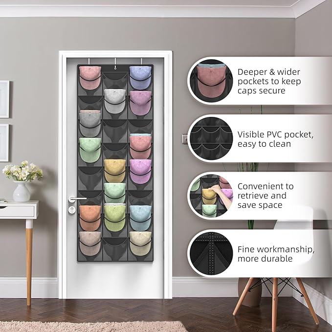 Hat Organizer Racks for Baseball Caps, 24 Deeper Pockets Baseball Hat Rack, Cap Rack, Hat Rack for Door with 3 Hooks