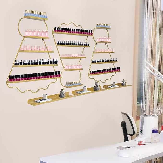 Metal Wall Mounted Nail Polish Racks - Stylish Cosmetic Display Case, Lipstick & Perfume Wall Shelf, Essential Oil Organizer for Bottles in Salon Spa Shop (Gold)