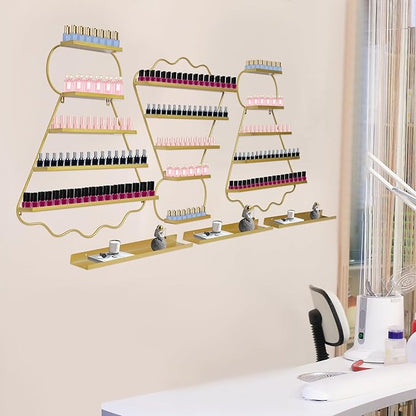 Metal Wall Mounted Nail Polish Racks - Stylish Cosmetic Display Case, Lipstick & Perfume Wall Shelf, Essential Oil Organizer for Bottles in Salon Spa Shop (Gold)