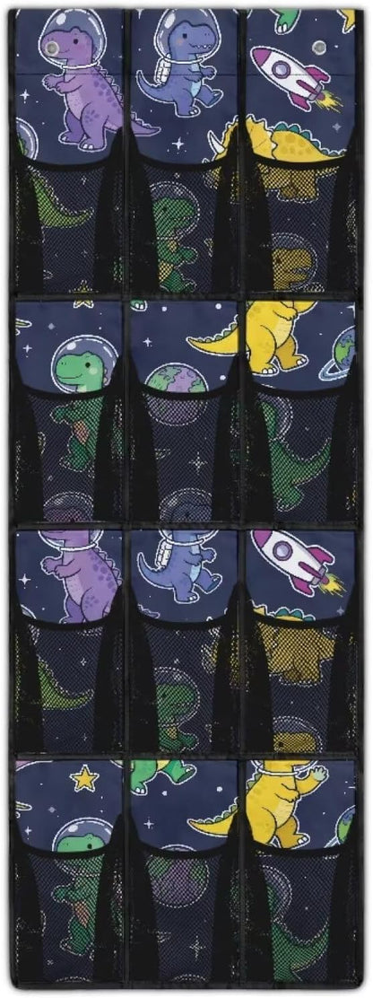 Astronaut Dinosaur Over The Door Organizer, 12 Large Mesh Pockets Hanging Shoe Rack for Closet, Space Theme Storage for Kids Room Toys & School Supplies