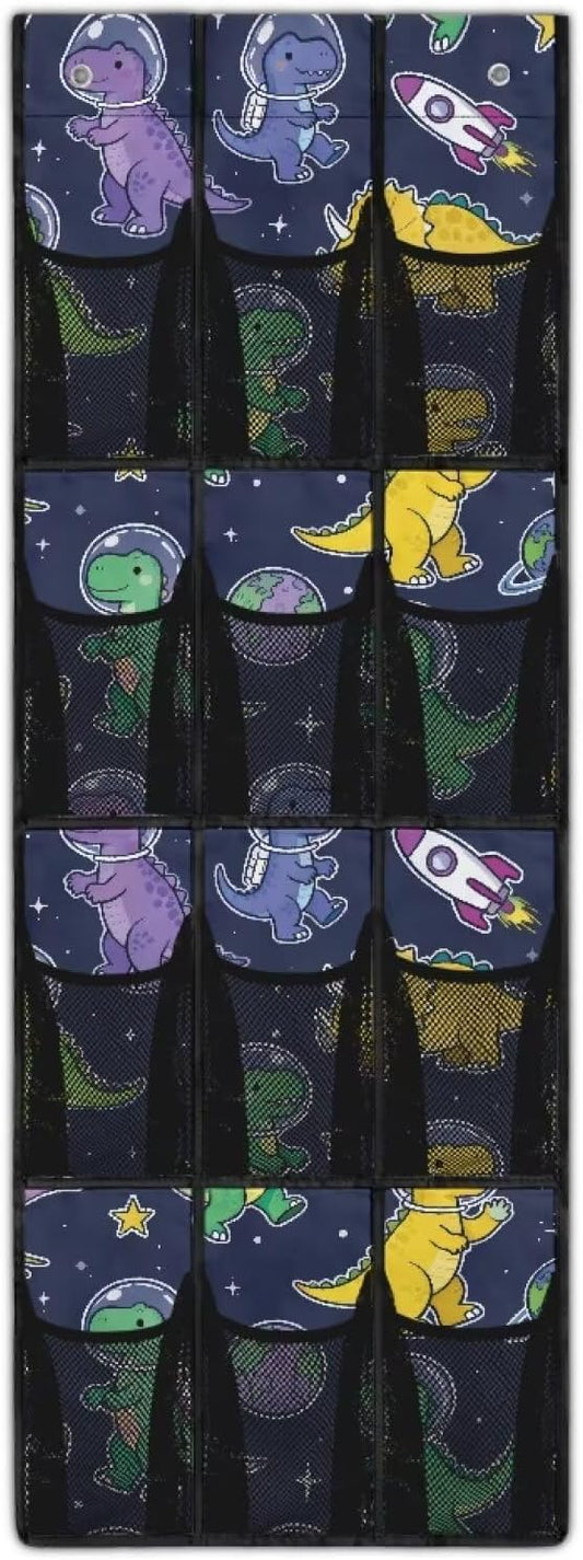 Astronaut Dinosaur Over The Door Organizer, 12 Large Mesh Pockets Hanging Shoe Rack for Closet, Space Theme Storage for Kids Room Toys & School Supplies