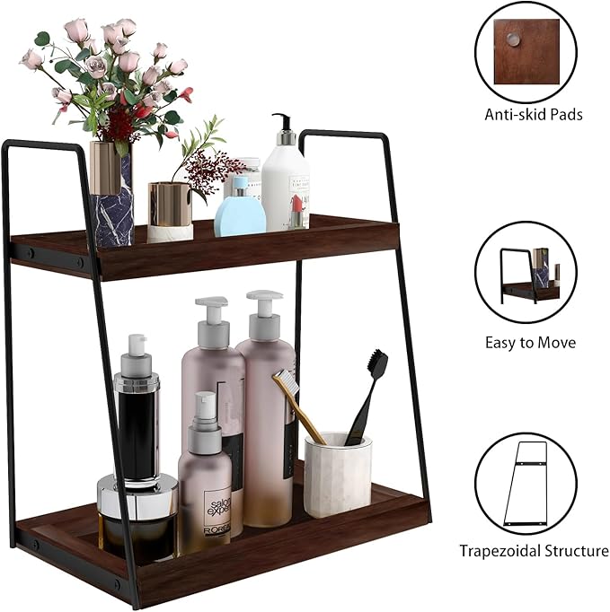 Dorhors 2 Tier Bathroom Counter Organizer Storage,Vanity Organizer for Bathroom Counter,Wood Standing Rack for Kitchen(Walnut)